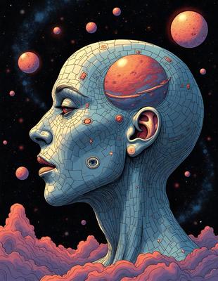 The primary subject of the image is a woman with a blue head, which is an unusual and intriguing feature. The setting is a space-themed background, with a variety of planets and stars visible in the background. The visual style is a combination of digital art and illustration, creating a unique and captivating image. The colors and mood of the image are predominantly blue, which adds to the overall atmosphere of the scene.